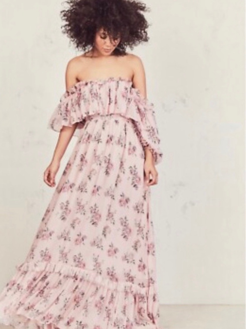 LoveShackFancy Tara Pink Floral Off-Shoulder Maxi Dress